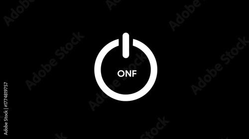 Digital power switch icon, white ONF text on black background. Modern user interface element for on/off control.