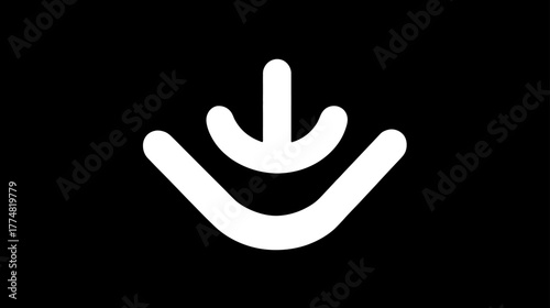 Modern white download arrow icon on black background. Digital data transfer symbol for web and app user interface design.