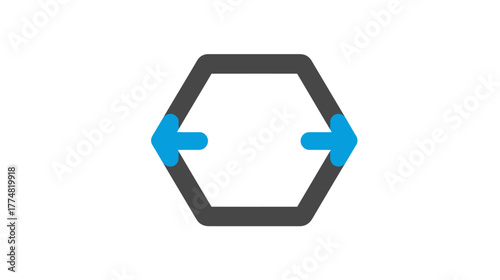 Modern dark gray hexagon icon with opposing blue arrows, representing data exchange, connection, sync, or circular process.