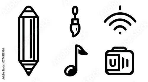 Line art icons set: pencil, paintbrush, music note, Wi-Fi signal, camera. Creative, artistic, and digital design elements.