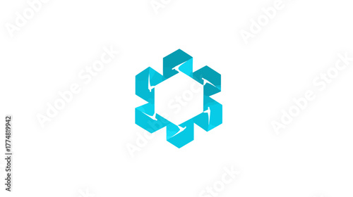 Abstract light blue 3D hexagonal structure. Geometric design with interlocking blocks symbolizing connection, technology, collaboration.