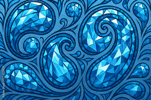 Intricate blue paisley pattern with faceted crystal texture