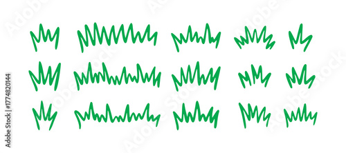 Grass silhouette Hand drawn doodle set. Lawn bush of green line grass in sketch drawing style. 