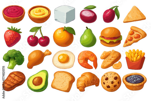 Realistic Food Icon Set – Fruits, Snacks, Meals & Desserts Collection
