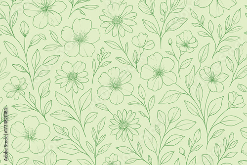 Vintage floral seamless pattern with hand-drawn flowers and leaves