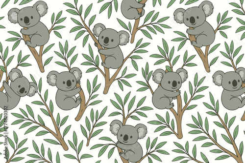 Seamless koala pattern with eucalyptus branches and leaves