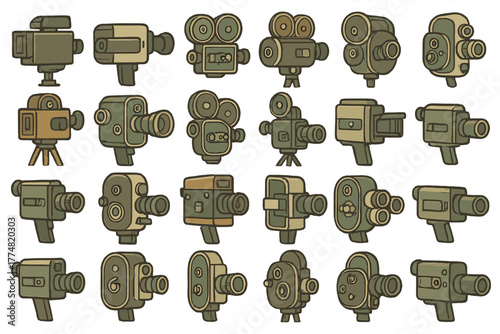 Set of vintage movie camera icons on yellow background