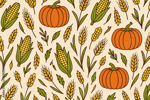 Seamless autumn harvest pattern with pumpkins, corn, and wheat