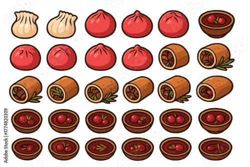 Seamless pattern of dumplings, bao buns, wraps, and berry bowls