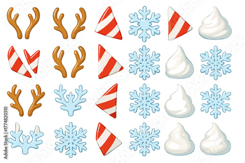 Festive holiday icon set with candy, snowflakes, antlers, and whipped cream