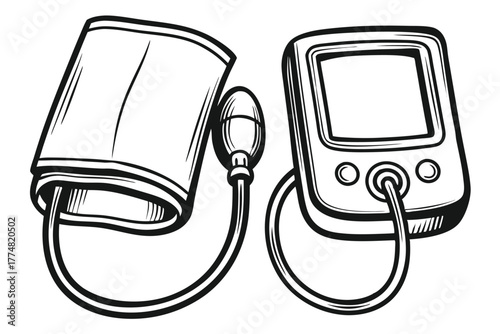 Black and white line work shows medical sphygmomanometer device for blood pressure reading