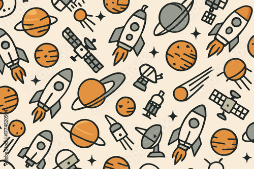 Cute hand-drawn space exploration pattern with rockets, planets, and satellites