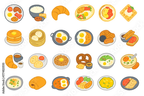 Hand-drawn breakfast icons featuring international dishes