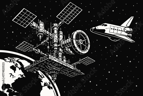 Detailed black and white illustration of space station and shuttle