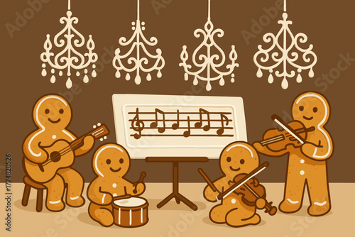 Gingerbread cookie orchestra performing under holiday chandeliers