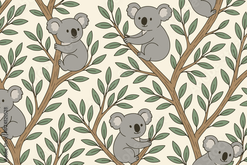 Seamless cute koala pattern on eucalyptus tree branches