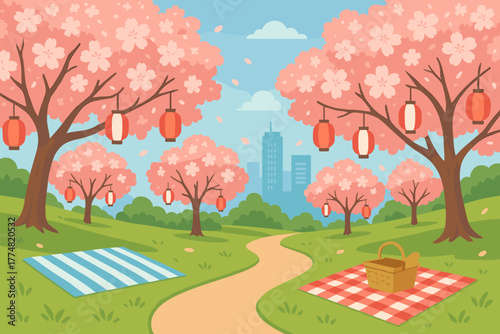 Spring picnic scene under cherry blossom trees with lanterns