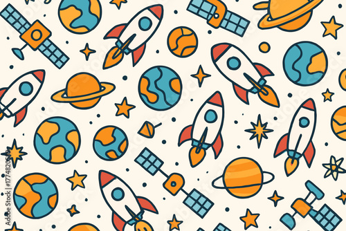 Seamless cartoon space pattern with rockets, planets, and satellites