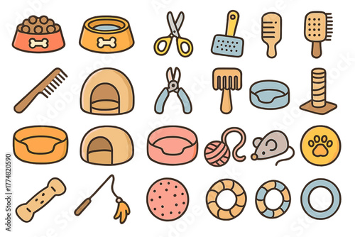 Pet accessory icon set with beds, toys, grooming tools, and bowls