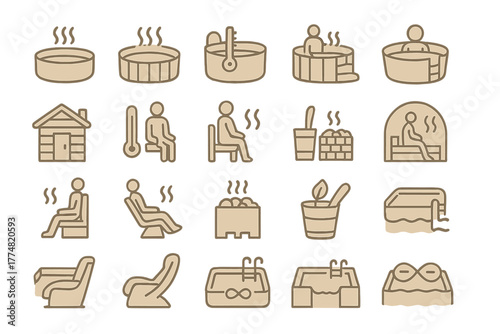 Minimalist spa and sauna icon set with wellness elements