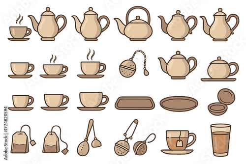 Cozy tea set illustration with cups, teapots, tea bags, and infusers