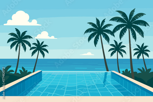 Infinity pool overlooking tropical ocean with palm trees