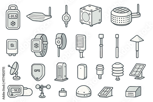 Set of weather and environmental sensor device icons in line style