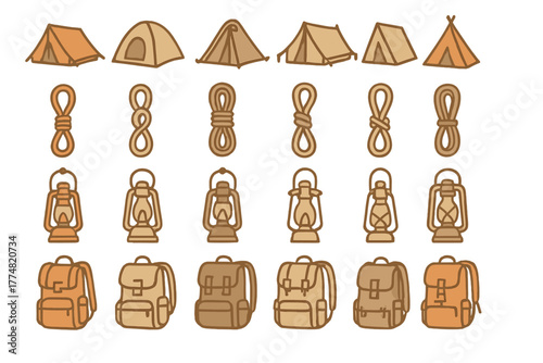 Rustic camping icon set with tents, ropes, lanterns, and backpacks