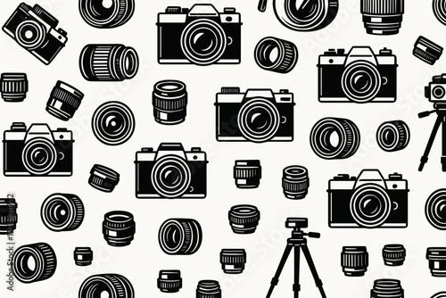 Vintage camera and lens pattern in black and white