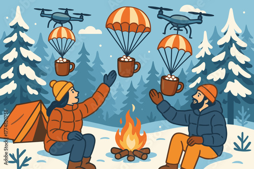 Winter camping with drone coffee delivery