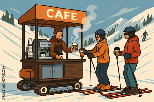 Mobile café on ski slopes serving hot drinks to skiers