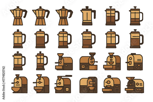 Coffee makers and roasting equipment icon set