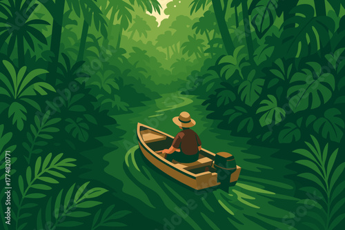 Man exploring tropical jungle river in wooden boat illustration