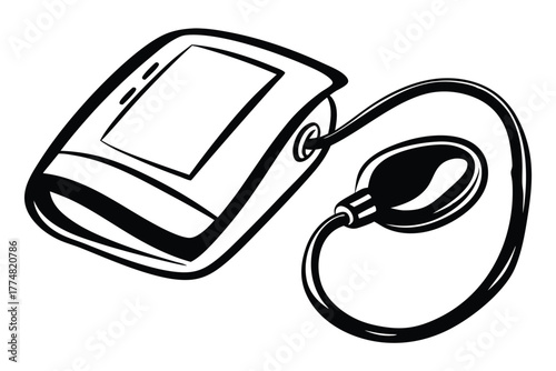 Black and white drawing showcases medical blood pressure device components clearly depicted