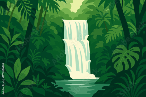 Hidden jungle waterfall surrounded by dense foliage