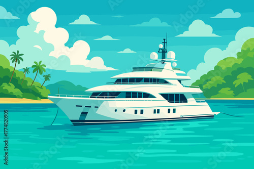 Luxury yacht anchored near tropical island paradise