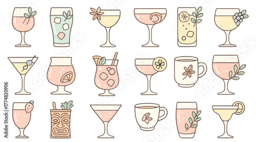 Hand-drawn pastel cocktail collection: elegant drink illustrations with fruit and herb garnishes