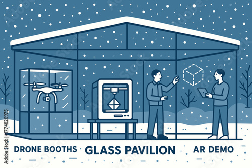Futuristic tech pavilion with drones, AR demo, and 3D printer
