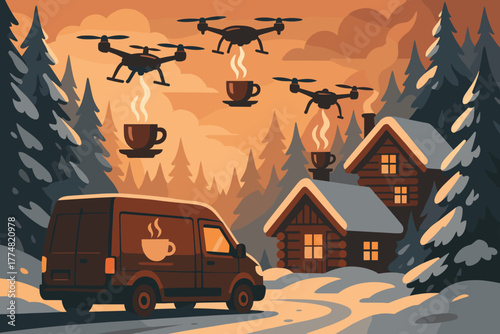 Winter coffee delivery by drones in snowy cabin forest at sunset