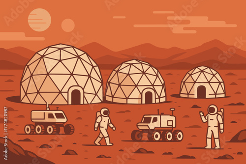Mars base illustration with astronauts and rovers