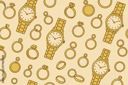 Elegant seamless pattern with gold rings, watches, and pendants