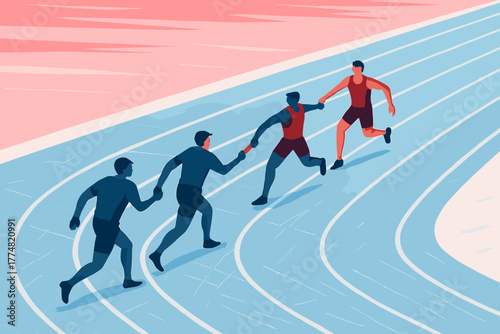 Relay race baton handoff on blue running track illustration