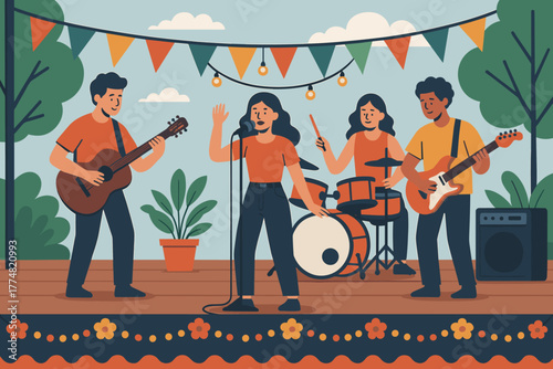 Outdoor concert with a cheerful band performing on stage