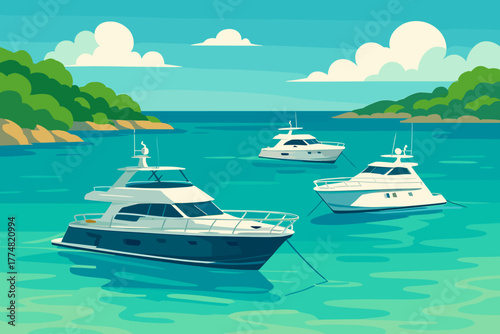 Illustration of luxury yachts anchored in tropical bay