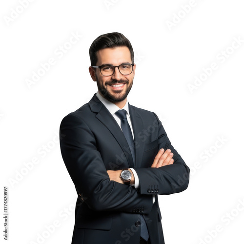 Professional businessman wearing a dark suit and tie with glasses smiling confidently with arms crossed isolated on transparent background