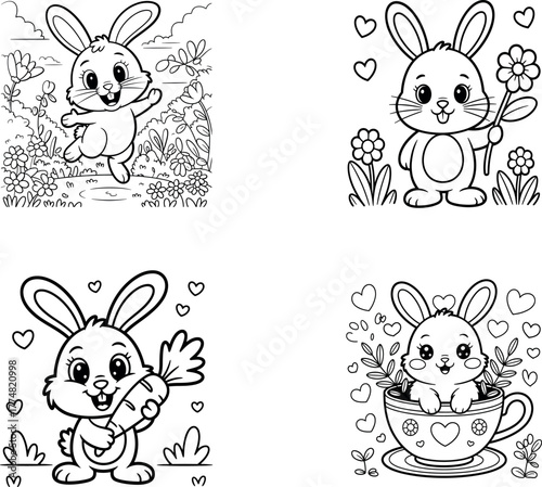Black and White Cartoon Rabbit Illustrations – Whimsical Animal Scenes for Kids and Storybooks