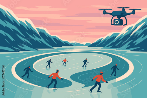 People ice skating on frozen lake filmed by drone