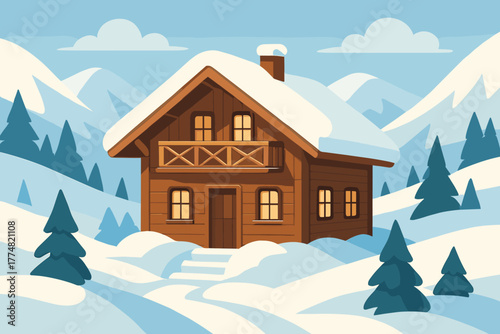 Warm wooden cabin nestled in snowy mountain forest