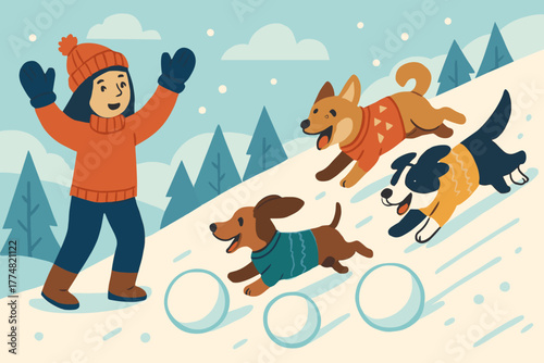 Winter fun with dogs and child playing in the snow