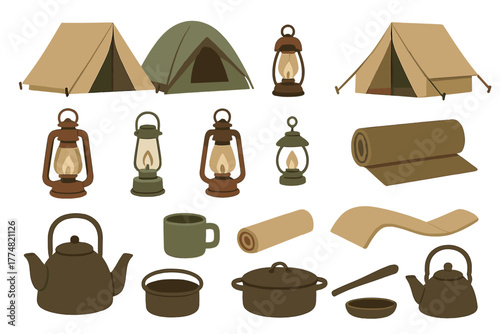 Vintage camping gear set: tents, lanterns, cookware, and sleeping mats